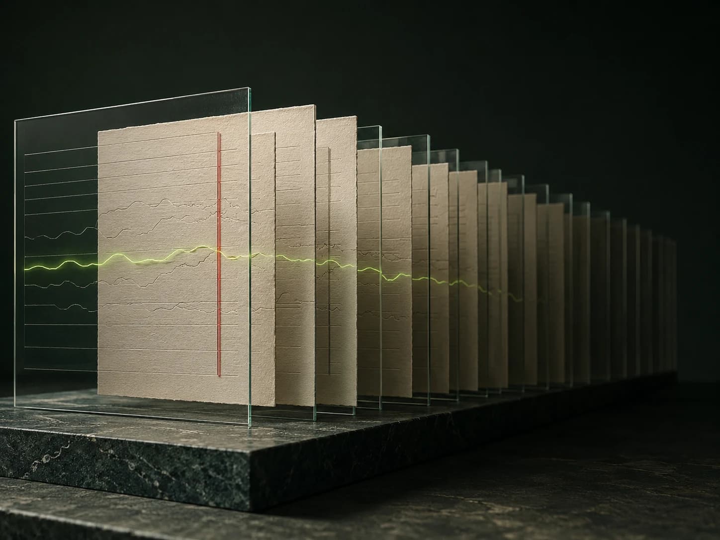Layered glass ledgers representing a permanent, auditable signal history