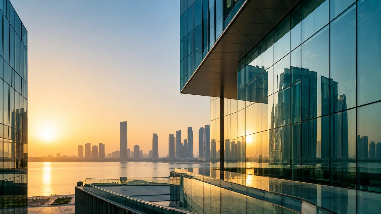 Modern waterfront architecture in warm evening light